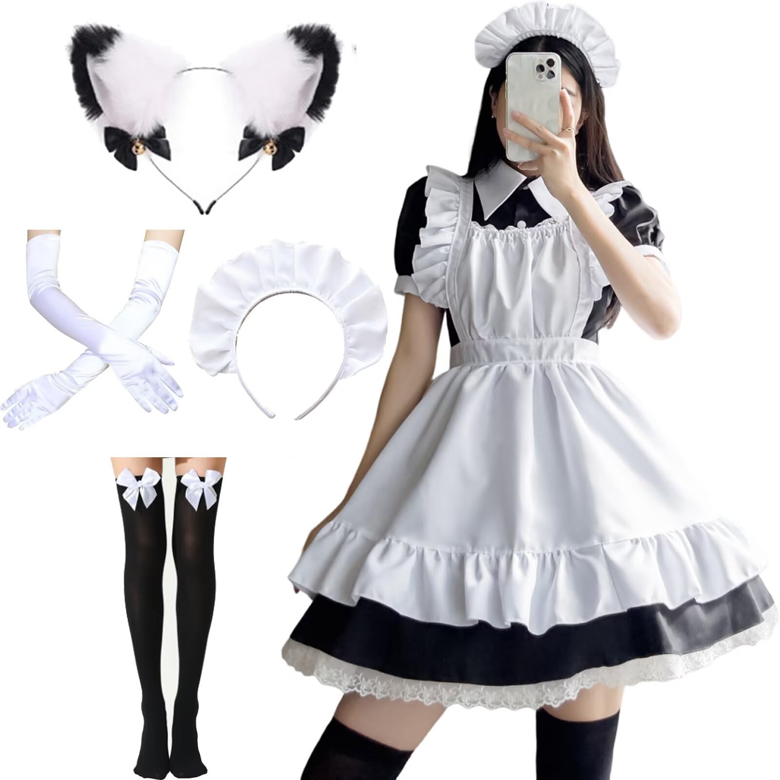 Amtum Maid Dress Costume French Maid Outfits Unisex Girls Anime Apron Fancy Dress Cosplay Costume Furry Cat Ear Socks set Dress Up for Halloween Carnival Masquerade，T003-M