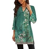 Poetsky Womens Tunic Tops 3/4 Bell Sleeve Loose Fit Tunics Dressy Casual Side Split Flare Top for Leggings S-3XL