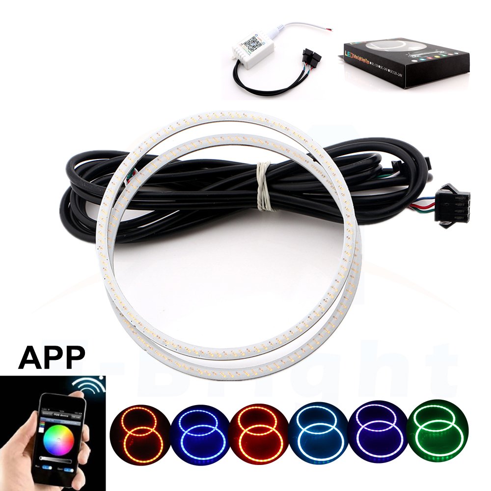 GLL Bluetooth Controle COB Engelogen 90MM Multi-Color RGB LED Halo Ringen Licht Daglicht Lopende Lichten Cirkelring Hoofdlamp 12V