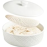 Large Tortilla Warmers with Lid, Embossed Ceramic Tortilla Holder Servers Oven Safe - Taco Tuesday, Taco Bar, 8.8 Inch Microwavable Food Storage Container, Bread Warmer Pancake Warmer, White