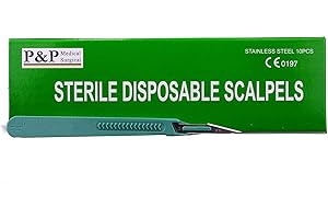 P&P MEDICAL SURGICAL Disposable Scalpels Sterile Surgical Blade Size 11 Stainless Steel with Plastic Handle & Metric Line Individually Foil Wrapped Box of 10