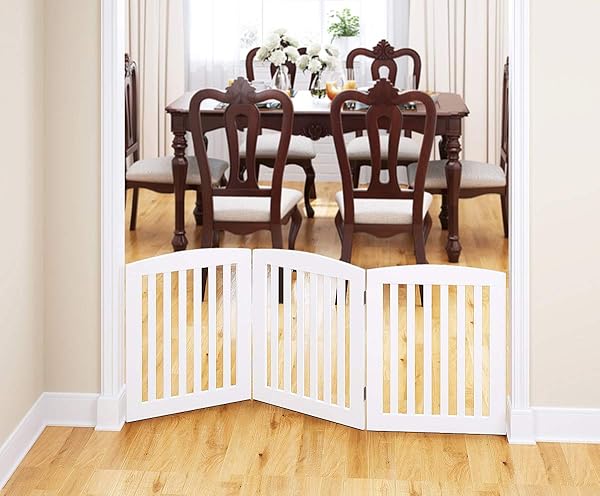 PAWLAND WOODEN FREESTANDING FOLDABLE PET GATE FOR DOGS, 24 INCH 3 PANELS STEP OVER FENCE, DOG GATE FOR THE HOUSE, DOORWAY, STAIRS, EXTRA WIDE (WHITE, 24″ HEIGHT-3 PANELS)