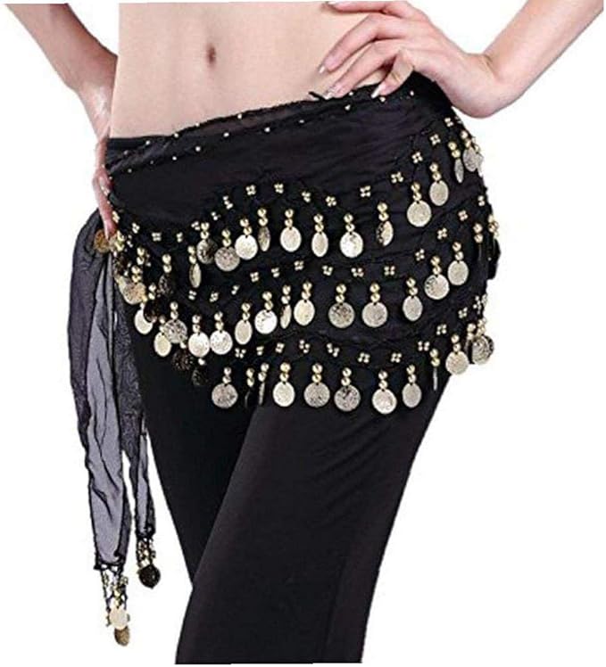 Belly Dance Hip Belts Chiffon Dangling Gold Coins Waistband Dancing