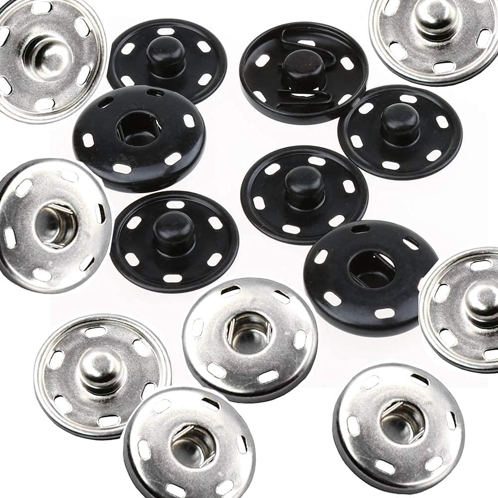 Sew on Snap Buttons 12 Sets Big Metal Snap Fastener Buttons Press Button for Sewing Clothing Silvery and Black (Large Size 0.98IN /25mm)