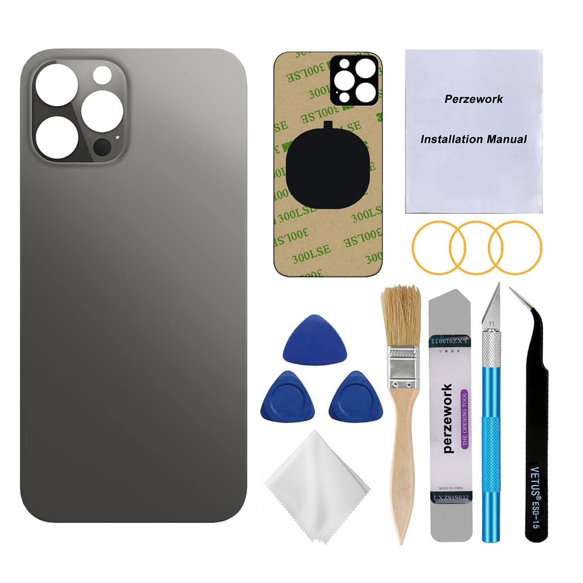 Perzework Back Glass Replacement (Graphite) Compatible with iPhone 12 pro max 6.7 inches All Carriers with Pre-Installed Adhesive and Repairing Tool Kits