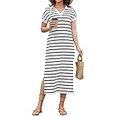 LOMON Women's Casual Vacation Dresses Striped Maxi Cruise Outfits Pocket Long Dress Summer Short Sleeve Split Dresses