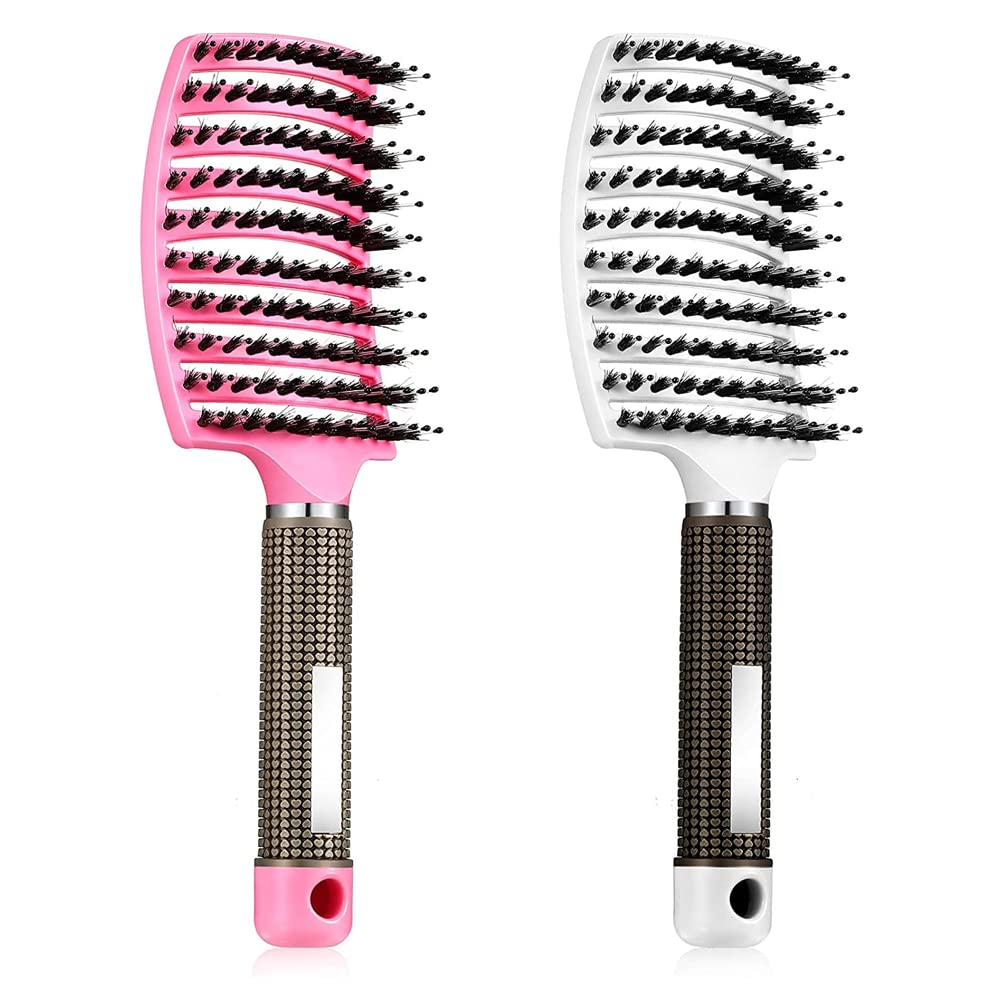2 Pieces Natural Boar Bristle Detangling Hairbrushes Curved Vented Boar Bristle Hair Brushes Fast Blow Drying Hair Brush for Men and Women