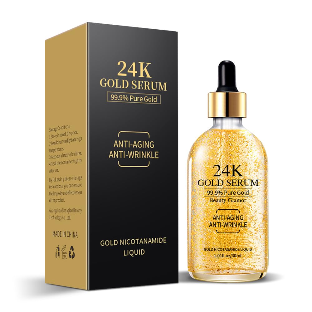 24k Gold Serum for Face, Skin Moisturizing Anti-Aging Anti-Redness Acne Treatment Essence Cream for Dark Spots & Fine Lines, Skin Care Gold Essence Nicotinamide Serum (30ml)