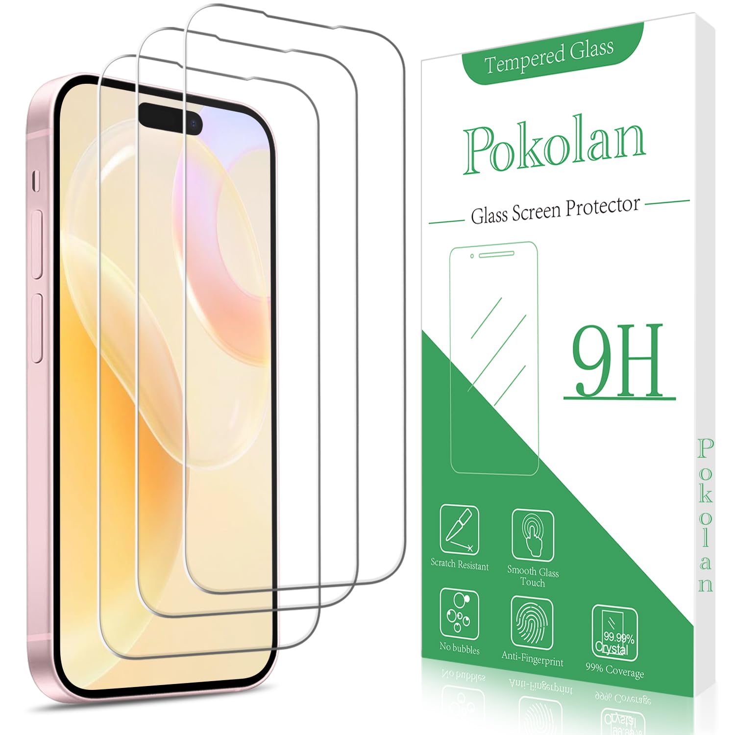 Pokolan [3-Pack Screen Protector for iPhone 15 Tempered Glass Film, 9H Hardness, Bubble Free, Easy to Install, Case Friendly