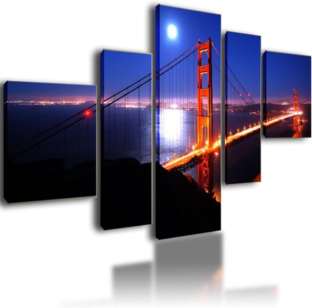 Extra Large Canvas Prints Wall Art Picture Image Photo Framed Painting Multi Panel Artwork Living Room Moon Over The City 130cm x 70cm 0458