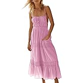 Wenrine Womens Summer Beach Dresses Backless Spaghetti Straps Self Tie Tiered Flowy Casual Maxi Dress with Pockets