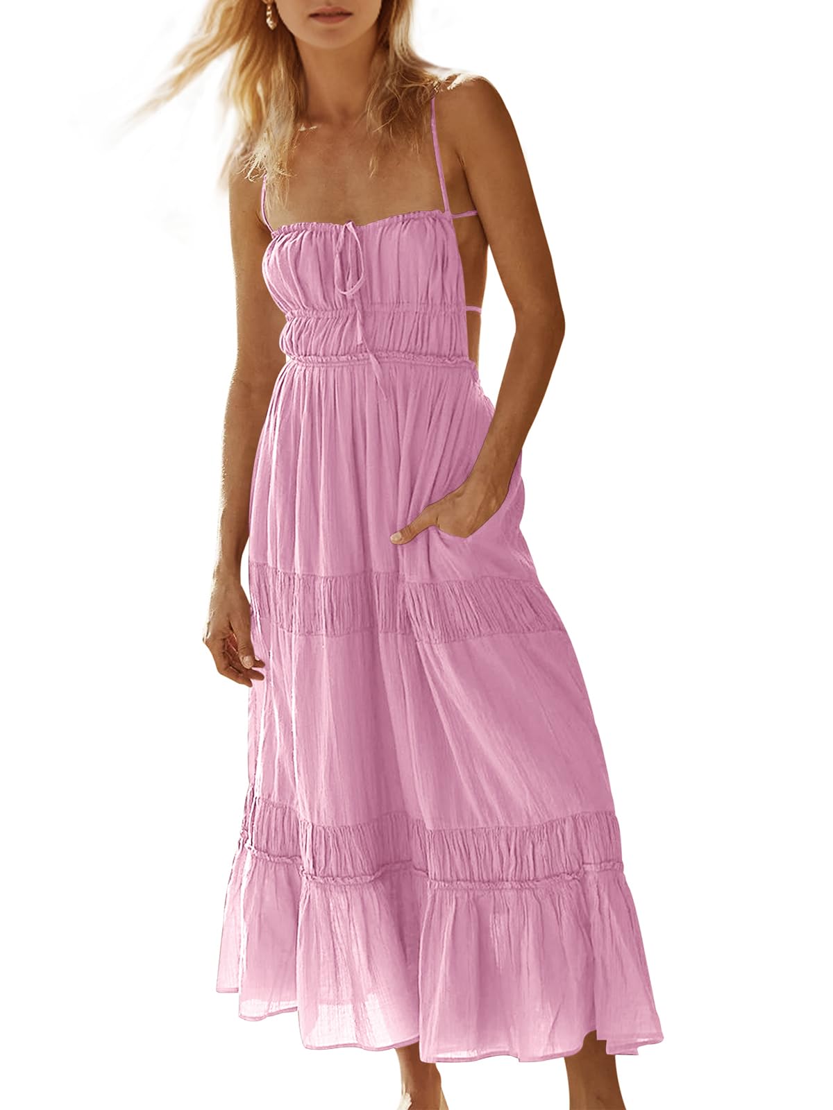 Photo 1 of (BAGGED) (USED/FAIR) (SMALL-MED) Wenrine Womens Summer Beach Dresses Backless Spaghetti Straps Self Tie Tiered Flowy Casual Maxi Dress with Pockets Pink