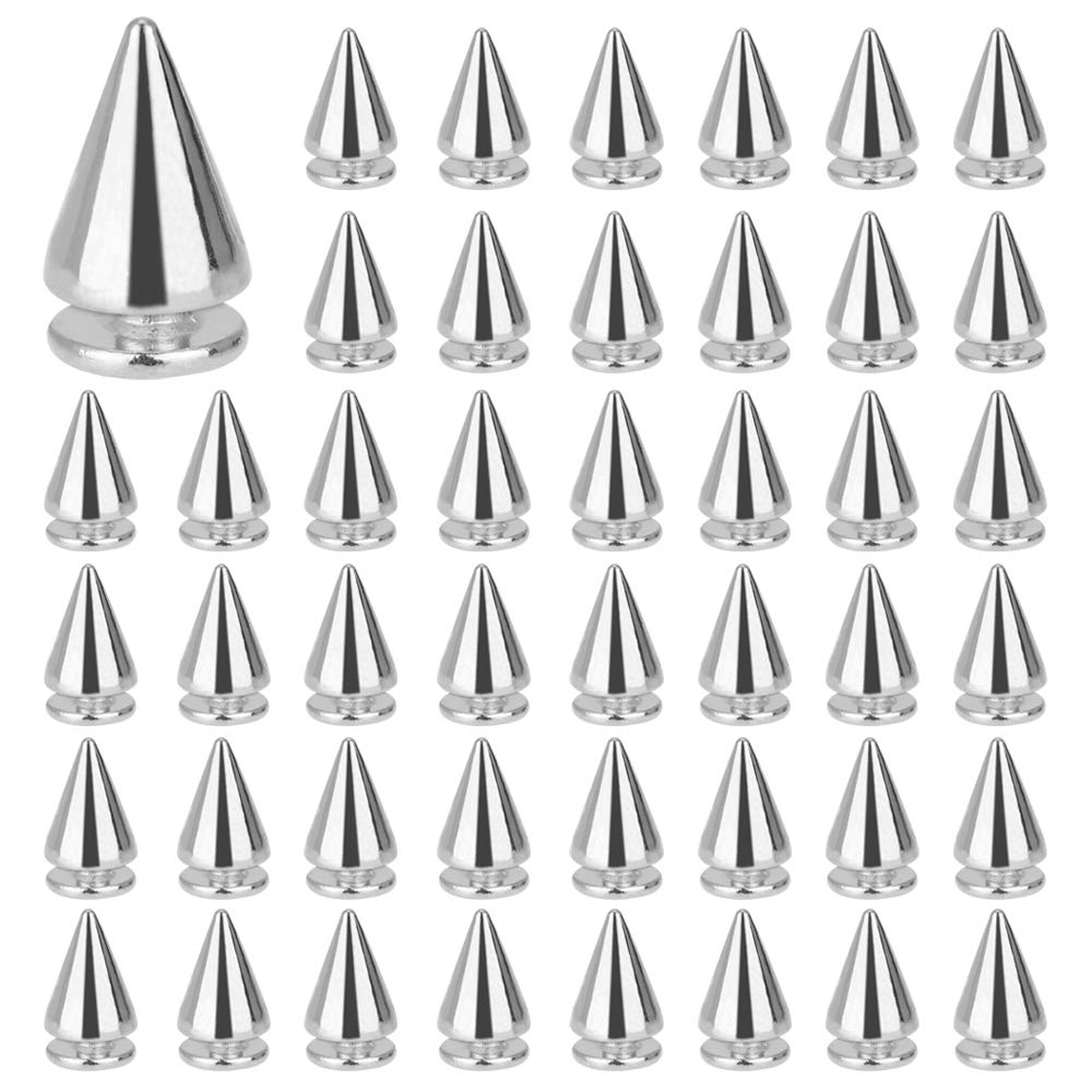 XAVSWRDE 100 PCS Cone Studs Spikes 7.2 x 10mm Punk Spikes Studs Cool Metal Spikes Rivet Screw Back Bullet Studs for Clothing Leather Jacket DIY Craft Belt Bag Bracelet Necklace Decoration, Silver