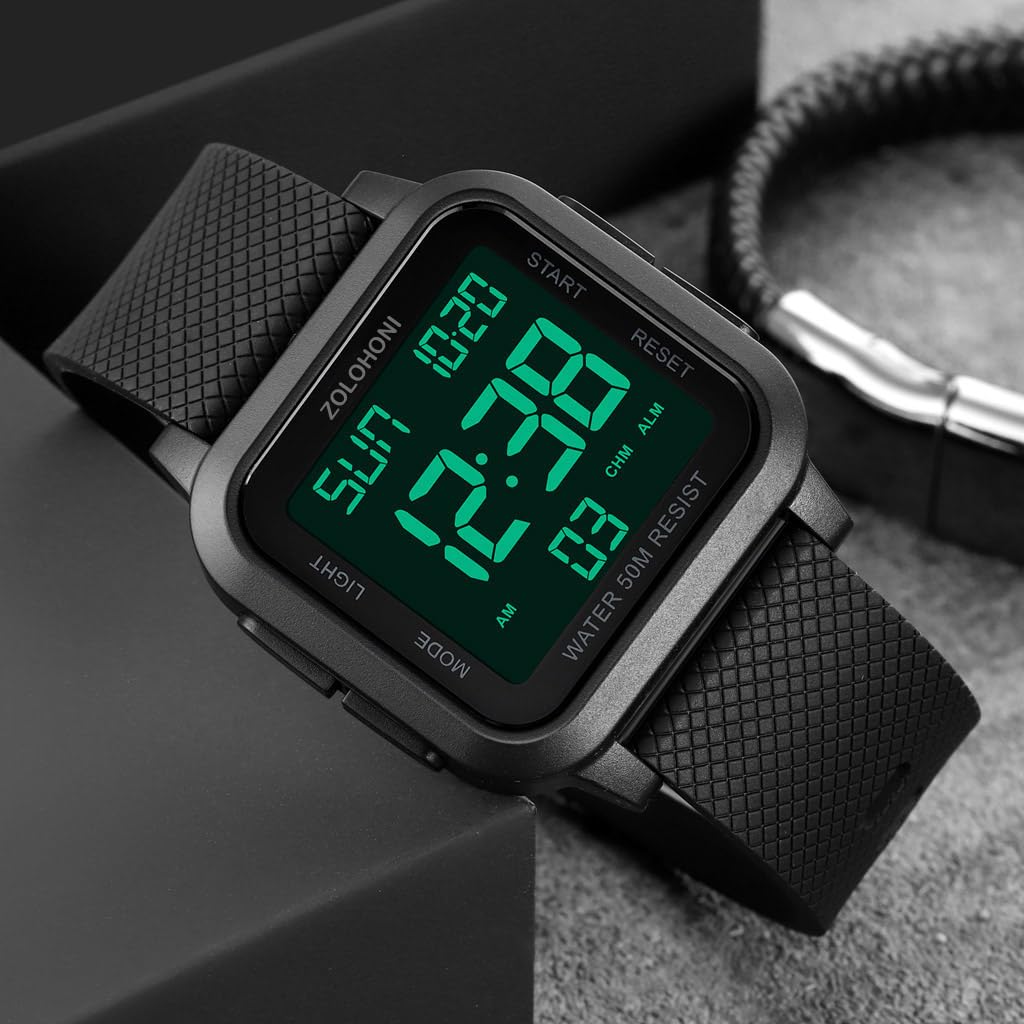 zolohoni Men’s Digital Watch for Men, Stainless Steel Square Watches, Mens Wrist Watches Waterproof Large Face Dual Time Date Watch