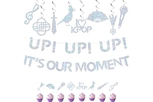 K-POP Theme Party Decor, UP UP UP IT'S OUR MOMENT Glitter Party Banner 16Pcs Cupcake Toppers 8Pcs Dazzling Hanging Swirls, Gi