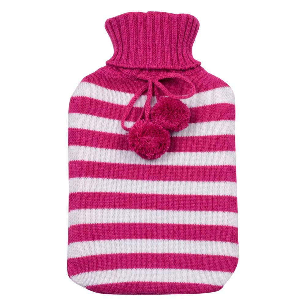 Large Hot Water Bottle With Soft Knitted Cover Pink Pom Poms White
