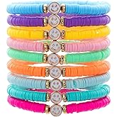 Preppy Jewelry Bracelets for Women Handmade Friendship Bracelets Clay Bead Colorful Surfer Heishi Bracelet Set Stackable Boho Y2K Summer Beach Elastic Layering Bracelets