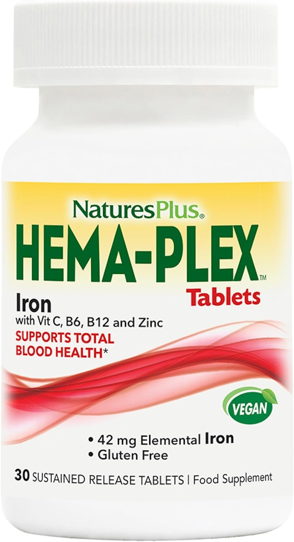 Nature's Plus Hema Plex Iron Supplement, Vegan, 30 Tablets, Immune Support