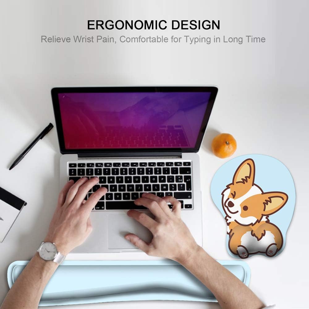 HAOCOO Keyboard Pad Wrist Rest and Gel Mouse Pad with Wrist Support, Ergonomic Corgi Mouse Pads with Non-Slip Backing Memory Foam Filled, Easy Typing &Pain Relief for Home Office Computer Laptop(Blue) : Office Products