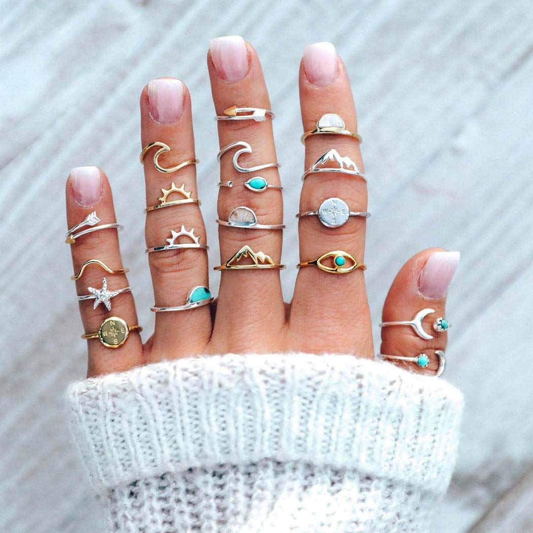 Vakkery Boho Turquoise Knuckle Rings Set Gold and Silver Wave Joint Knuckle Ring Moon Stackable Finger Ring Jewelry for Women and Girls