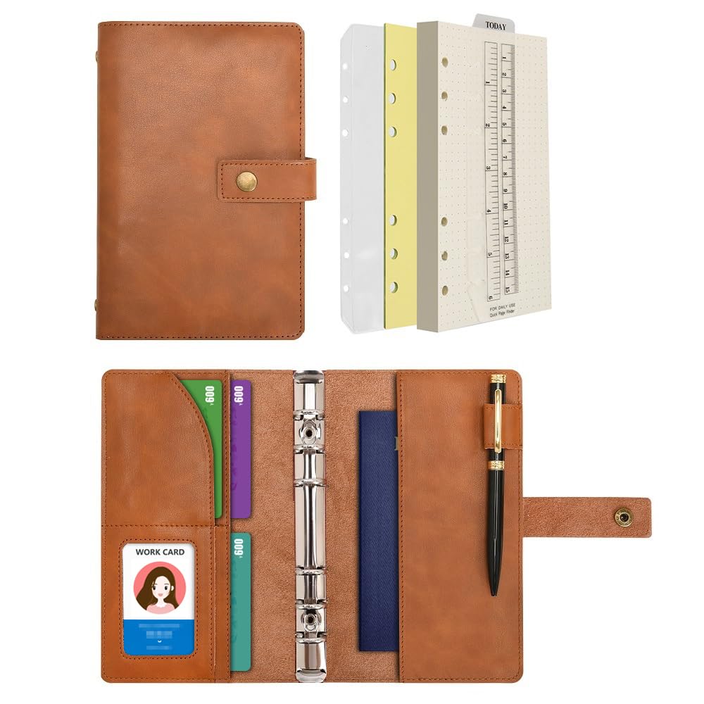 Photo 1 of WONDERPOOL A6 Leather Journal Refillable Notebook Spiral Diary Binder Portfolio - Dotted Paper & Inner Pockets Organizer for Man and Woman (Brown, A6)