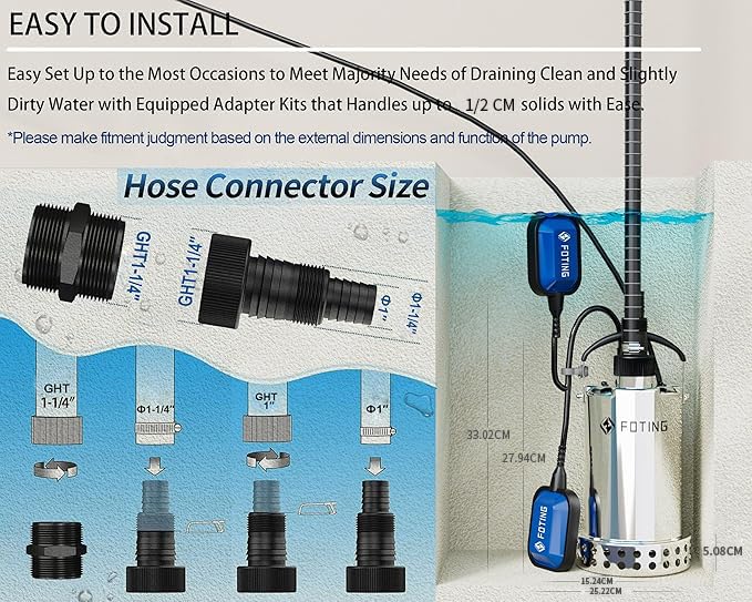 FOTING 900W Stainless Steel Submersible Water Pump with Float Switch, 13000 L/H Electric Sump Pump for Dirty/Clean Water, Portable Water Pump Drainage Pump for Garden Pond, Pools, Hot Tub, Ditches