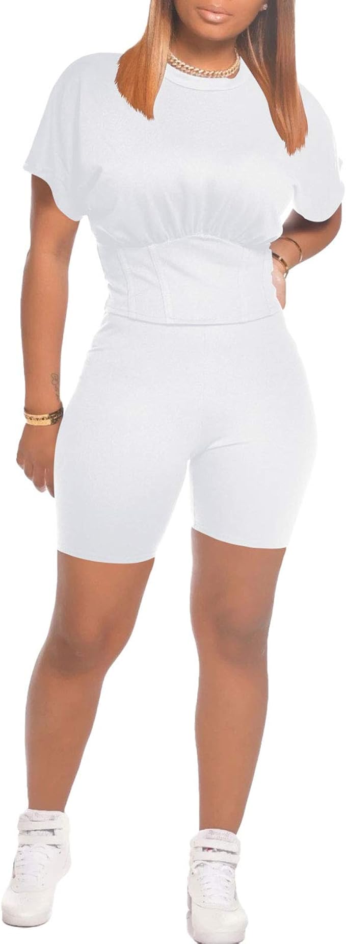 Maillot de sport deux pièces pour femme - Manches courtes - Col rond - Couleur unie - Taille
