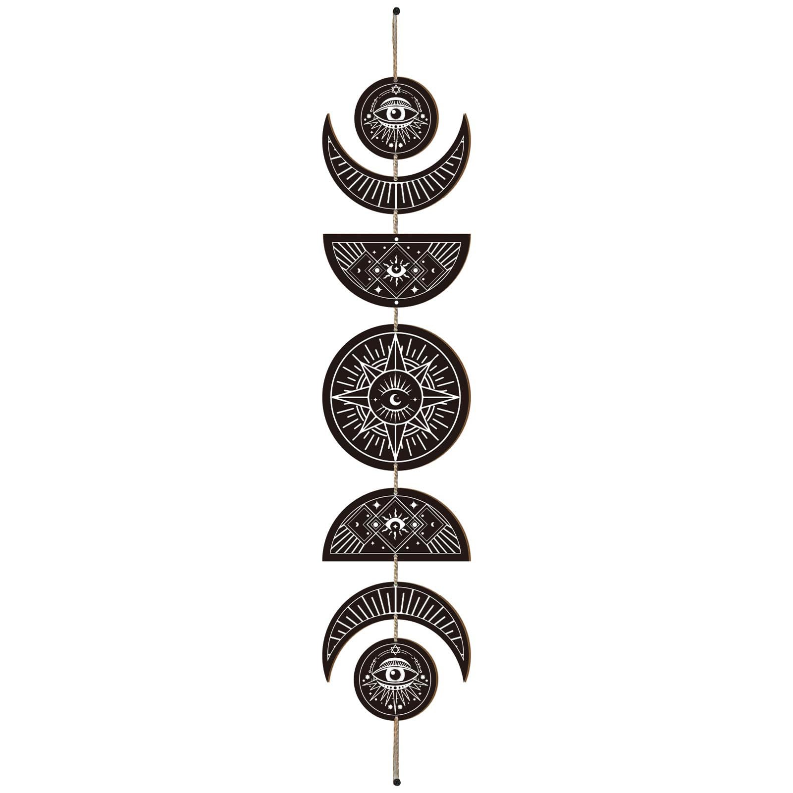 CREATCABIN 7pcs Moon Phase Wall Hanging Boho Decor Wooden Wall Art Witchy Decor Rustic Black Wood Sign Decorative Modern Art Wall Spiritual for Bedroom Apartment Bar Living Room 6.3 x 37.1 Inch(Eye)