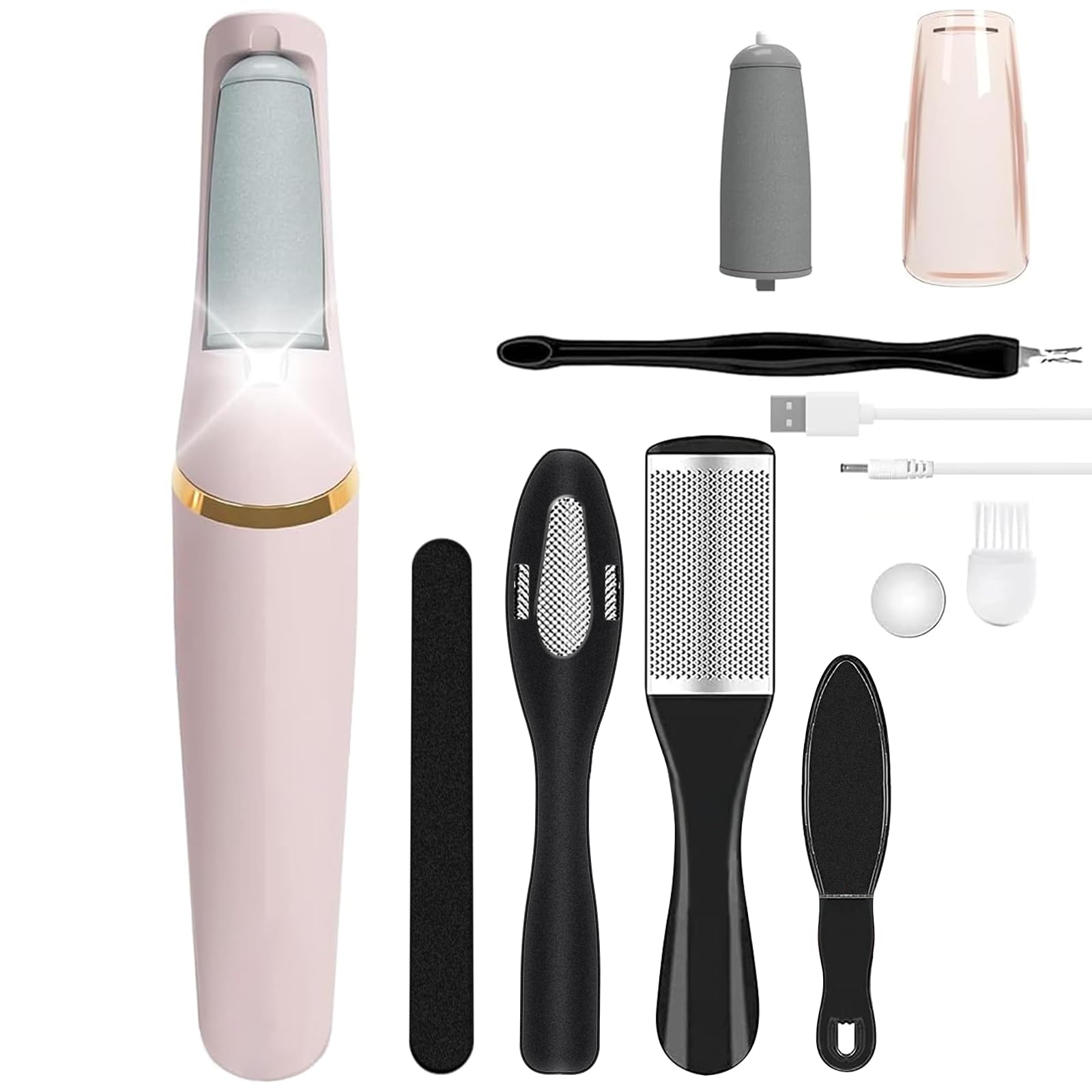 Foot File,Dongxw Electric Callus Remover USB Rechargeable Waterproof Hard Skin with 2 Rollers LED Light,8 in 1 Scraper Care Gift Kit for Cracked Heels Calluses Dead
