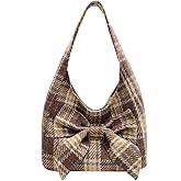 Fashion Shoulder Hobo Bags for Women Wool Tweed Tote Bags Plaid Pattern Bowknot Handbags and Purses Large Capacity