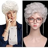 ColorGround Short Curly Silvery White Old Lady Wig with Glass and Eyeglasses Chain for Party