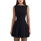 YMDUCH Women's Summer Sleeveless Boat Neck A-line Flared Hem Club Party Mini Dress