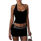 MakeMeChic Women's Two Piece Club Outfit Chain Halter Crop Tops and Bodycon Mini Skirt Set