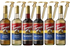 Jimoco Syrup Pump & Torani Syrup Bundle - Salted Caramel, French Vanilla, Pistachio, Hazelnut Classic, Irish Cream, Raspberry - For Italian Soda Coffee, Lattes, Frappes With 6 Pump Dispensers