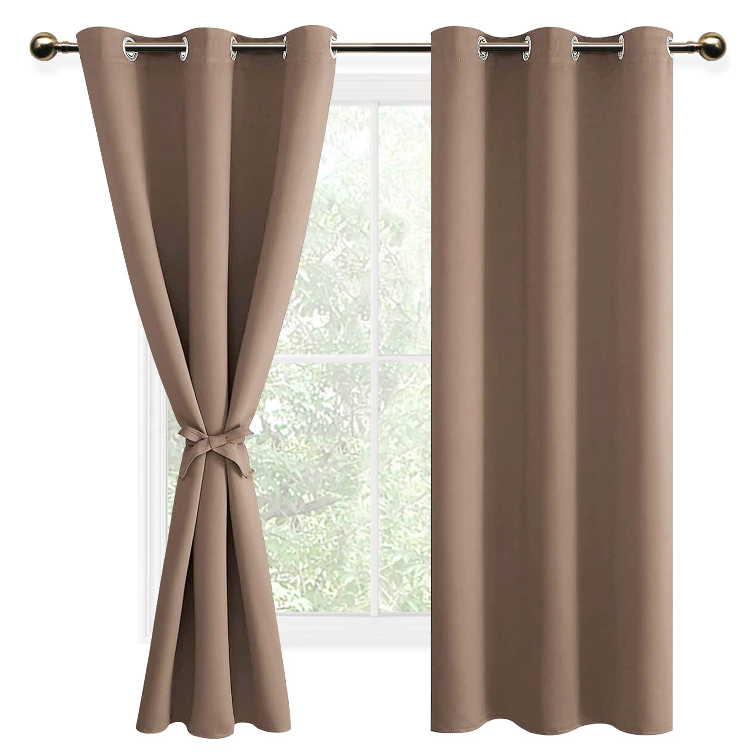 DWCN Khaki Blackout Curtains with Tiebacks for Bedroom Thermal Insulated Solid Eyelet Curtains for Living Room,2 Panels,46" Wide x 72" Drop — image 1