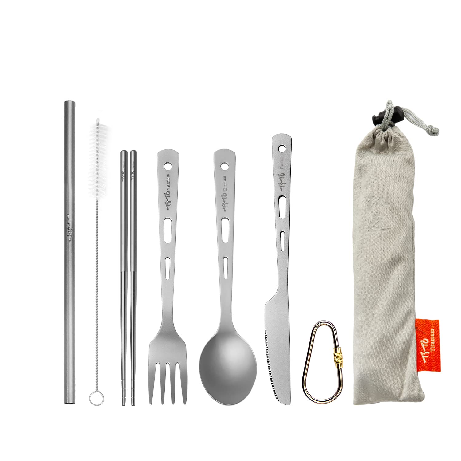 TiTo Titanium Cutlery Set Spoon Spork Knife Chopsticks Portable Lightweight Outdoor Flatware Extra Strong 3/4/5 Piece Straw for Home Use/Travel/Camping/Picnic/Hiking Tableware (5-Piece Cutlery Set)