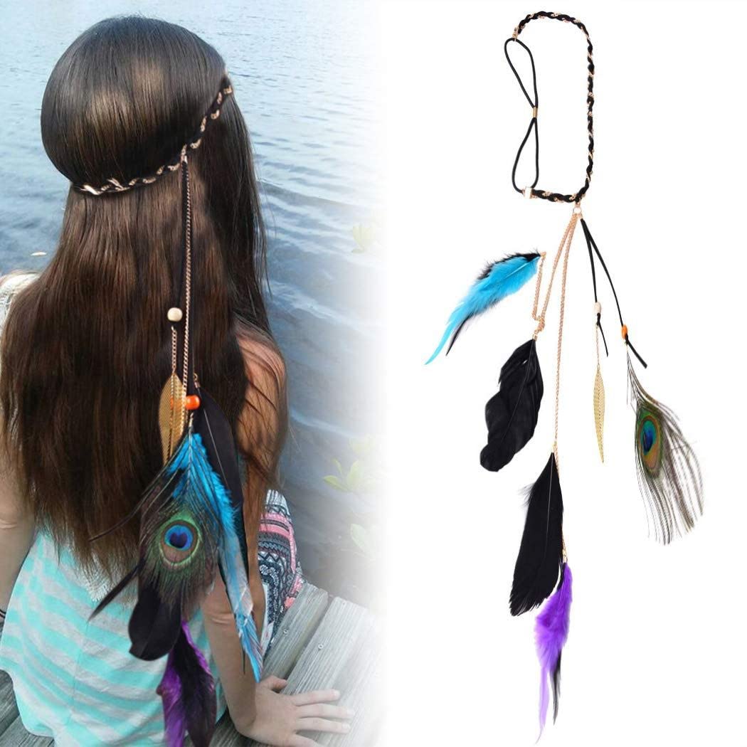 Zoestar Boho Feather Headband Vintage Peacock Headpiece Hippie Head Chain Indian Hair Accessories for Women (Black)