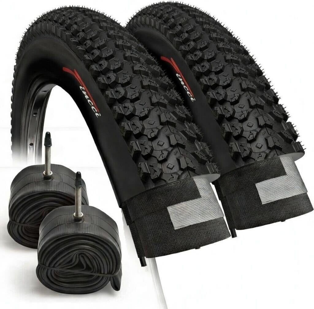 Fincci Pair 26 Inch Bike Tyres - Set Foldable Mountain Tyres 26 x 2.125 with 26 inch Inner Tube Presta Bicycle Valve for MTB/Cross Country, Road City Bike - Pack bicycle accessories 57-559