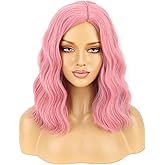 BERON 14" Pink Wigs for Women Girls Short Curly Wavy Wig Pastel Colored Shoulder Length Side Part Wave Halloween Cosplay Daily Party Wigs