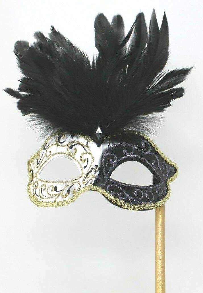 BLACK IVORY & GOLD VENETIAN MASQUERADE PARTY EYE MASK WITH LONG FEATHERS ON A STICK