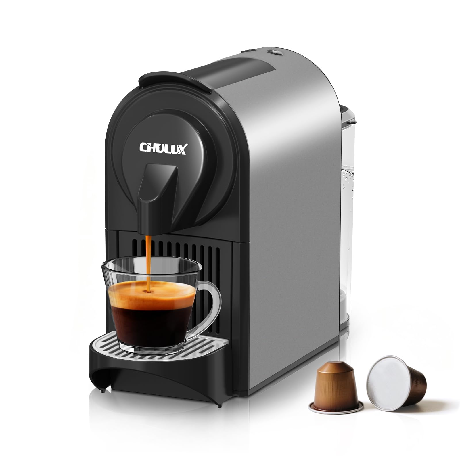 Photo 1 of CHULUX Compact Espresso Machine, 20 Bar Single Serve Coffee Maker, Dual Brew Sizes for Espresso and Lungo, 1400W Rapid Brewing, Mystic Gray (Upgrade Model)