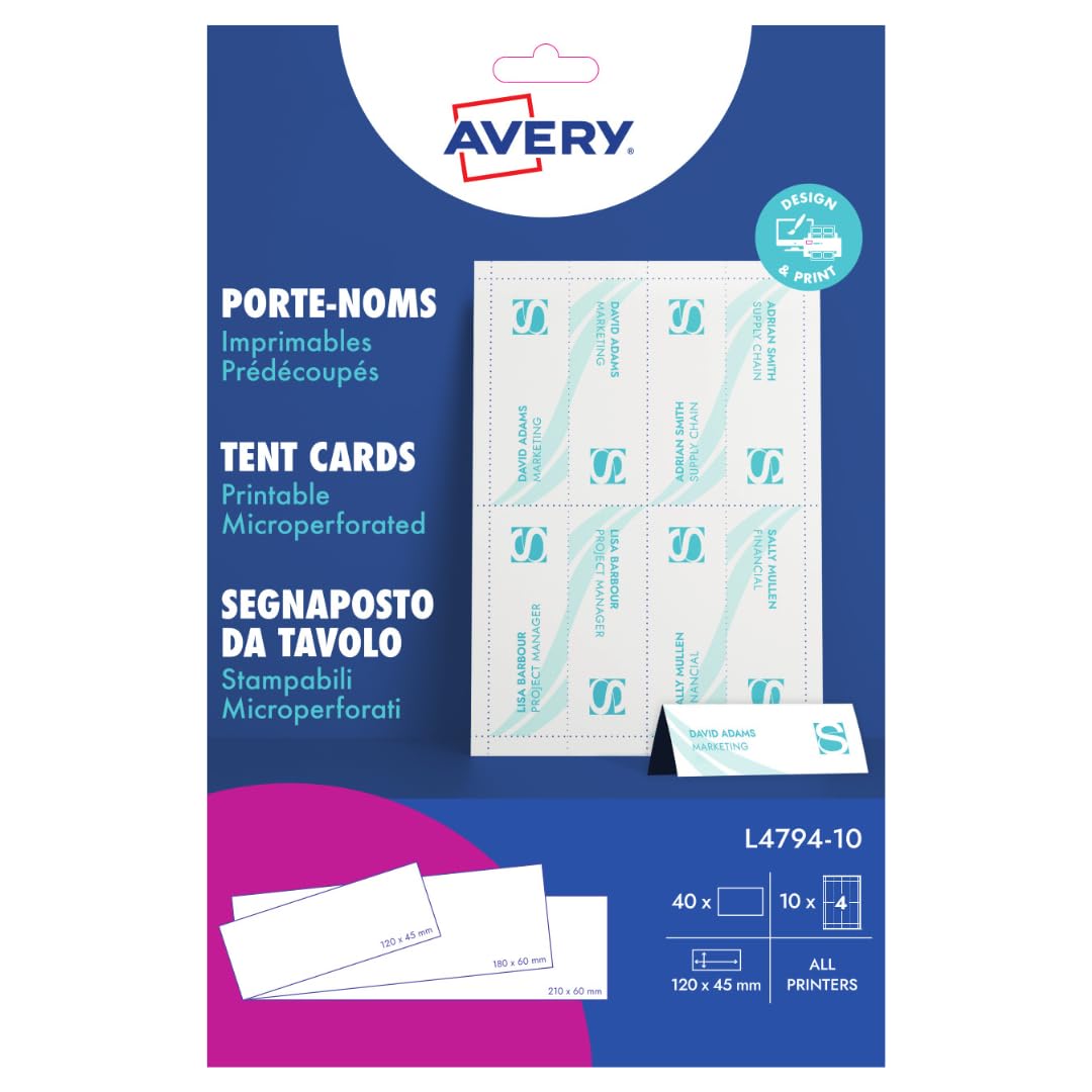 Avery L4794-10 Printable Place/Tent Cards, 4 Cards Per A4 Sheet,White