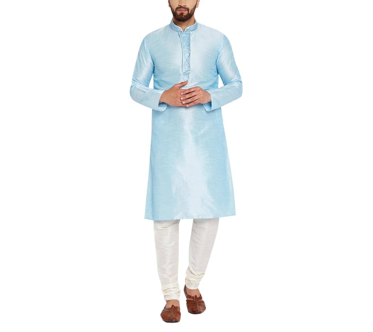 sojanya (since 1958) men's dupion silk kurta & churidaar pyjama with print design in front