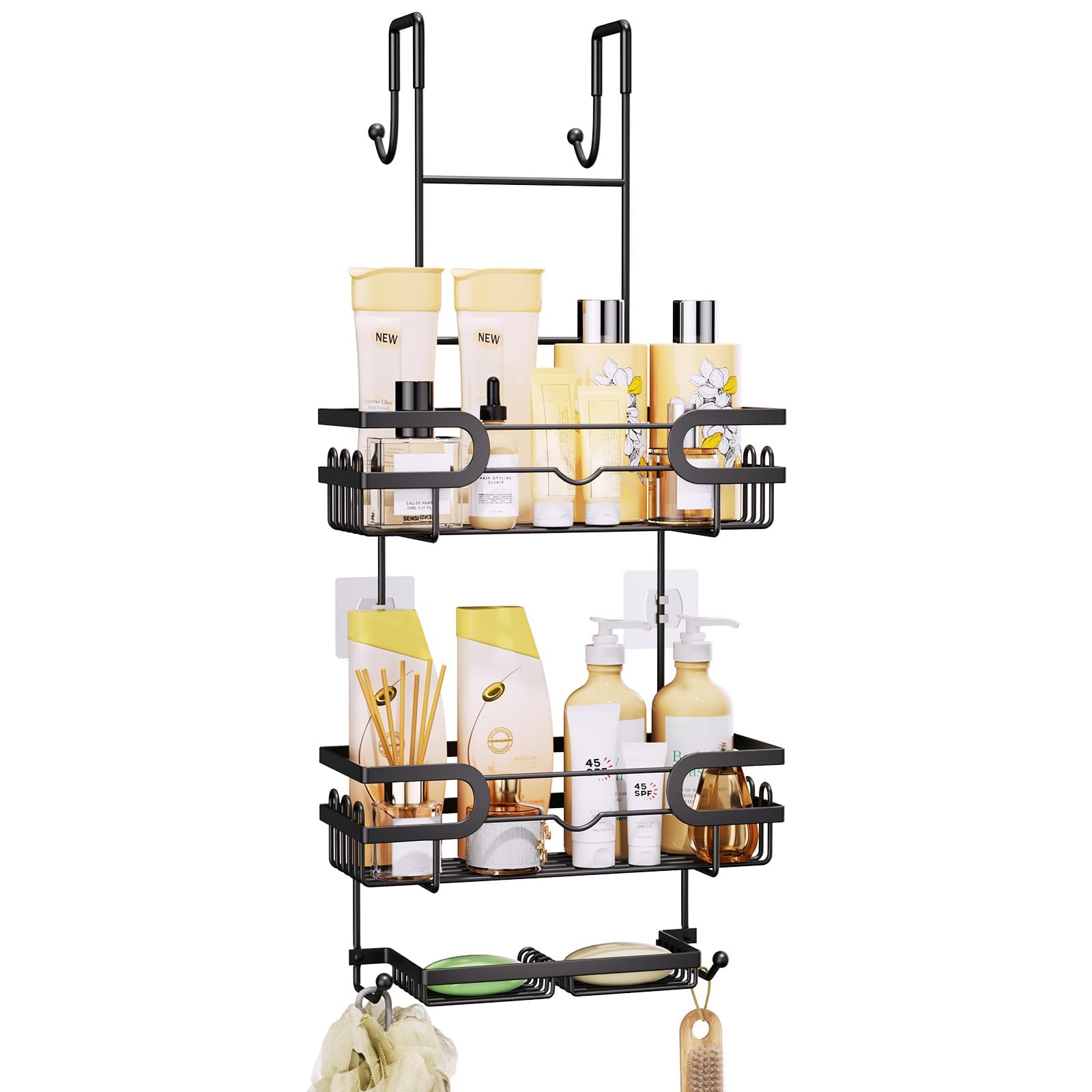 SWTYMIKI Shower Caddy Hanging - 3 Tier Over Door Shower Shelf With 16 Hooks and 2 Soap Dish, Rustproof Hanging Shower Organiser, Bathroom Storage Rack No Drill for Shampoo and Razor Soap, Black