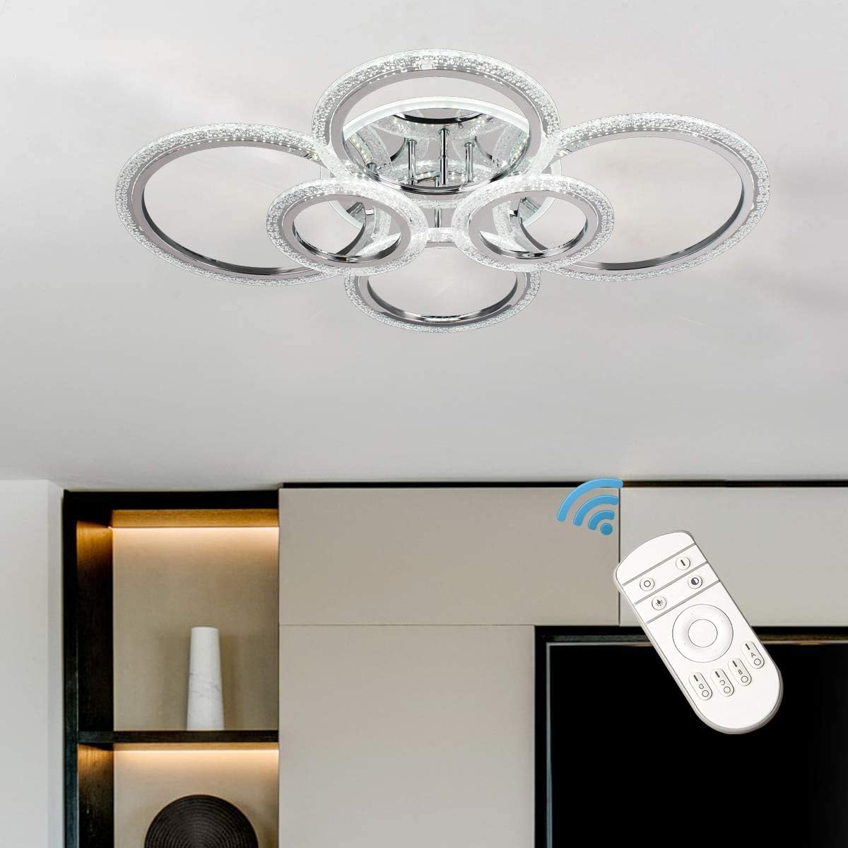Garwarm LED Ceiling Lamp 76W Modern Close to Ceiling Light Dimmable 6 Rings Ceiling Chandelier for Living Room Bedroom, Chrome - - 