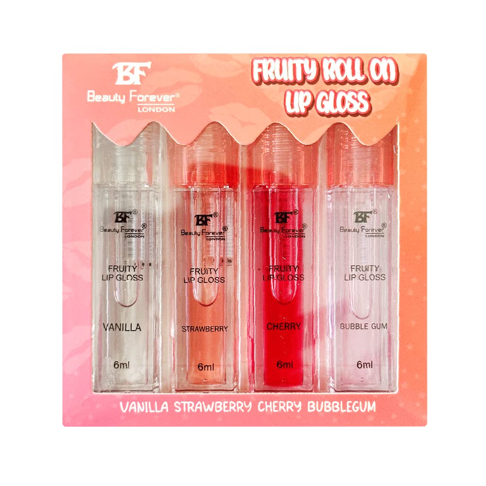 Beauty Forever Fruity Roll on Lip Gloss, Moisturising & Hydrating, Available in 4 Flavours, 6ml each (Pack of 4)