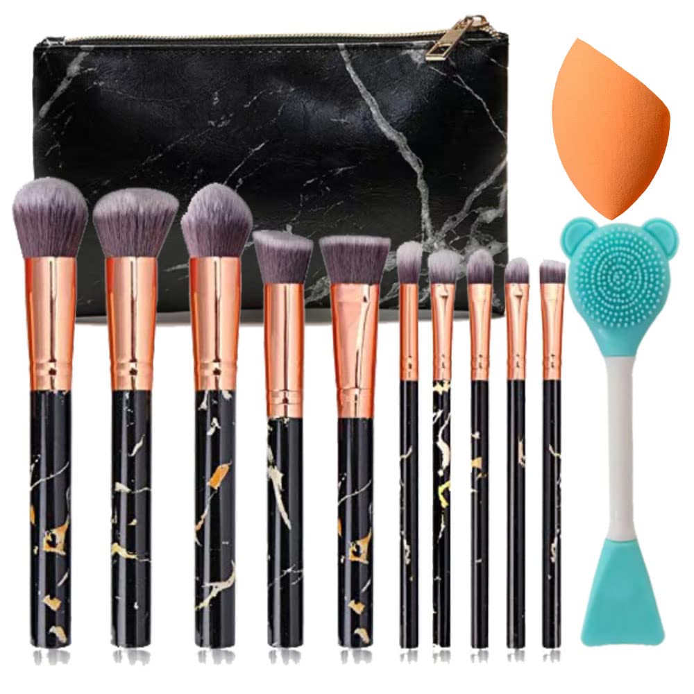 NEVSETPO Marble Black Makeup Brushes, 12Pcs Make Up Brushes for Women Travel-Friendly Makeup Bag, Brushes & Sponges, Synthetic Eyeshadow Contour Make-up Gift for Teenage Girls Kids