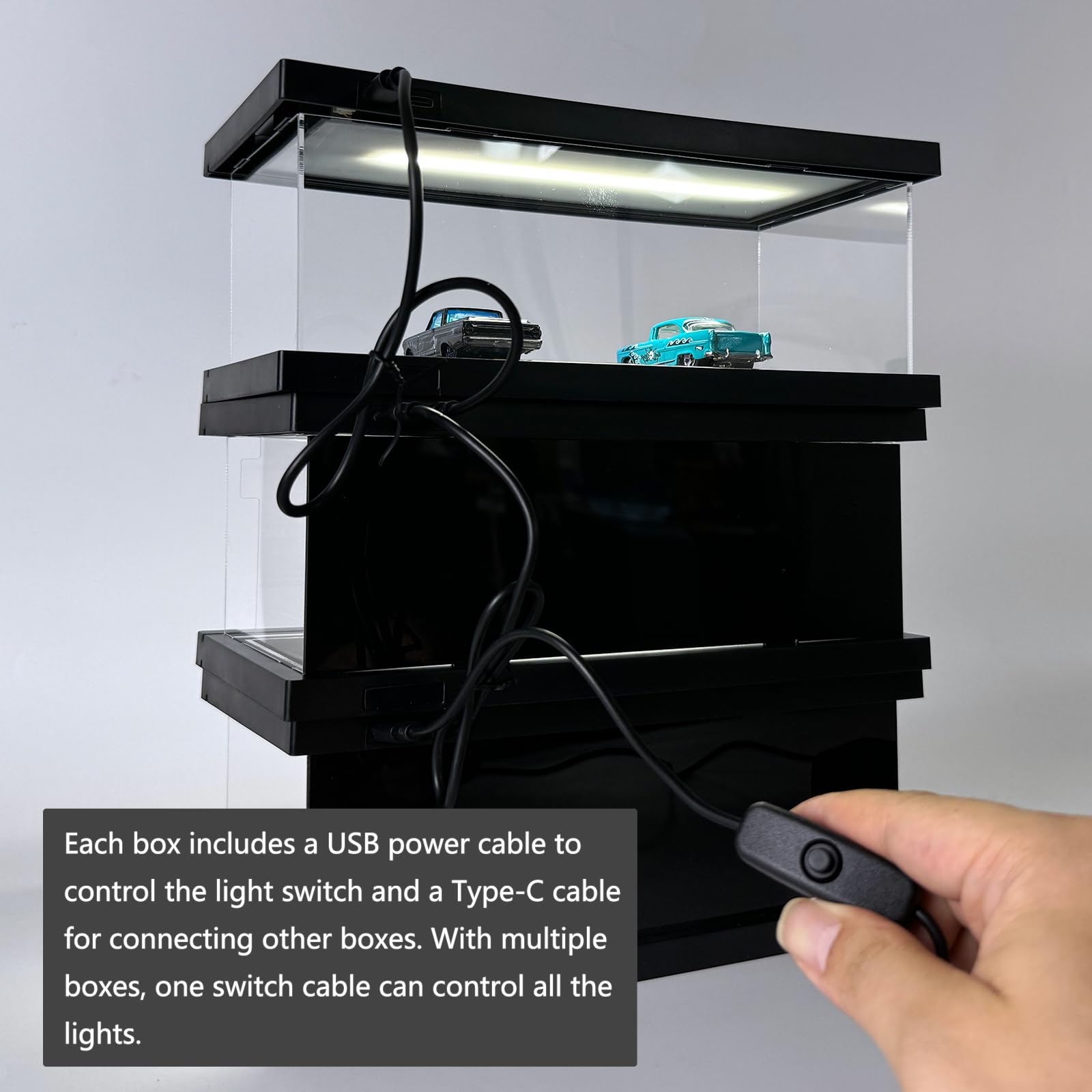 Bivitre 1/64 Model Car Display Case - Compatible with Hot Wheels Matchbox Mini GT Diecast Cars,Acrylic Box for Toy Cars Display Décor and Storage,Stackable Garage Diorama with LED Lights(1T-Rou66)