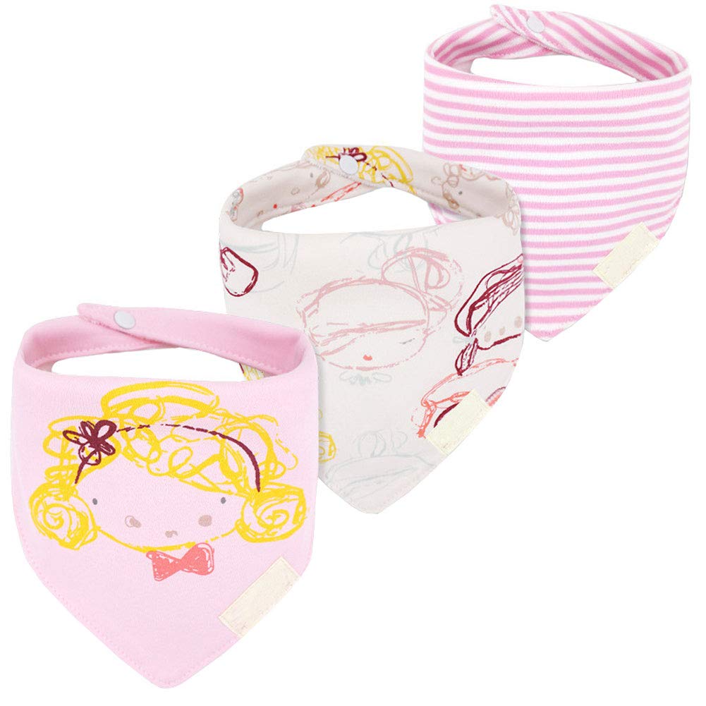JZLPIN Baby Dribble Bib, Toddler Bandana Bib 3 Packs Super Absorbent Cotton Feeding Bibs 55-Girls