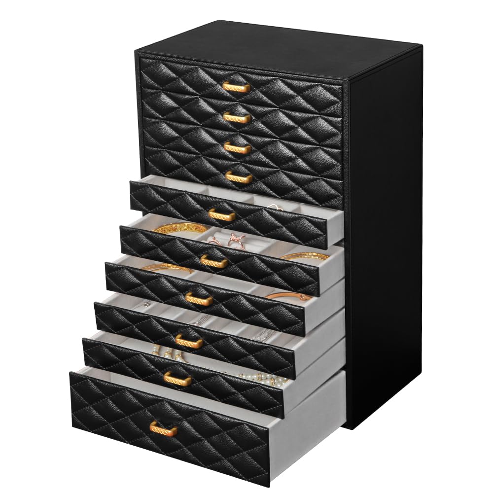 Photo 1 of FEIYAN Extra Large Jewelery Box, 10-Layer Storage Case, Faux Leather Organizer with Drawers, Velvet Lining, Scandinavian Nordic Style (BLACK)